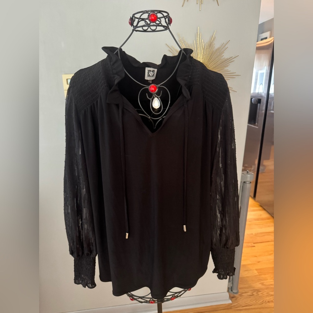 Anne Klein Black Blouse with Lace Sleeves